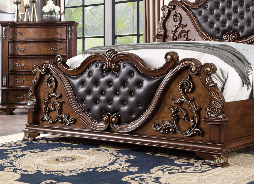 Brown Cherry California King Bed Frame with Tufted Leatherette Headboard T8775