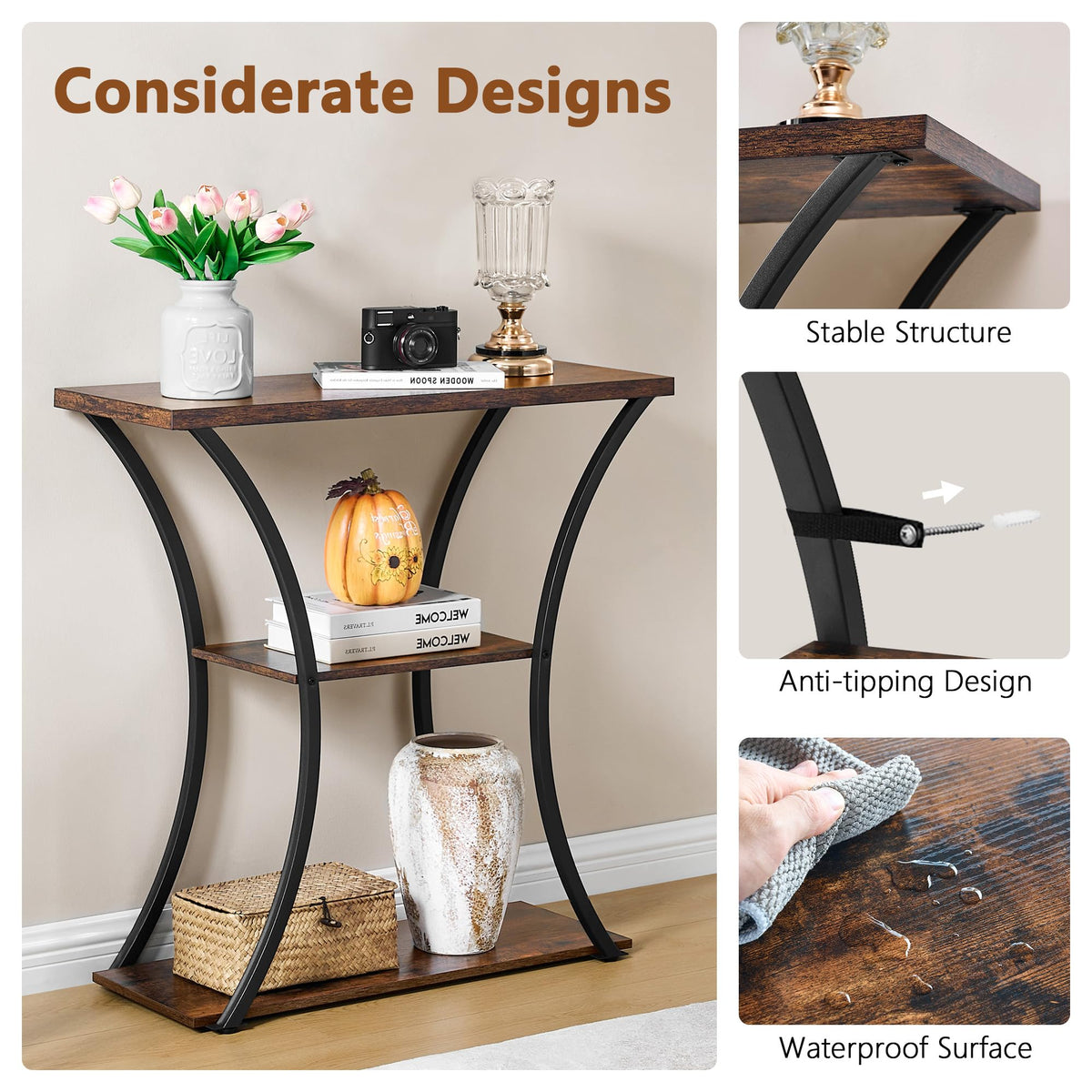3 Tier Console Table with Open Wood Shelves N7781