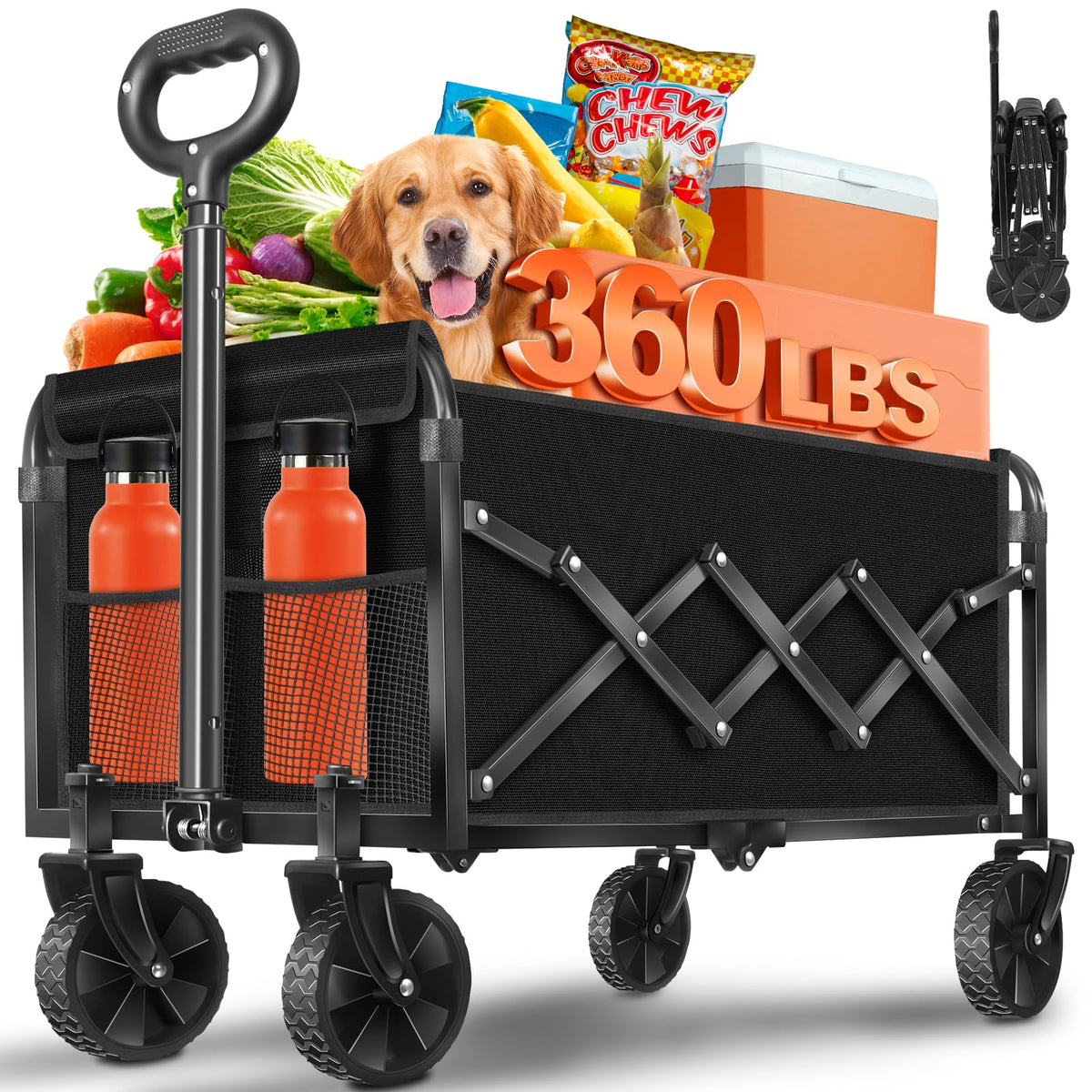 Foldable Wagon Cart with Wheels, 2 Cup Holders, Black X82130