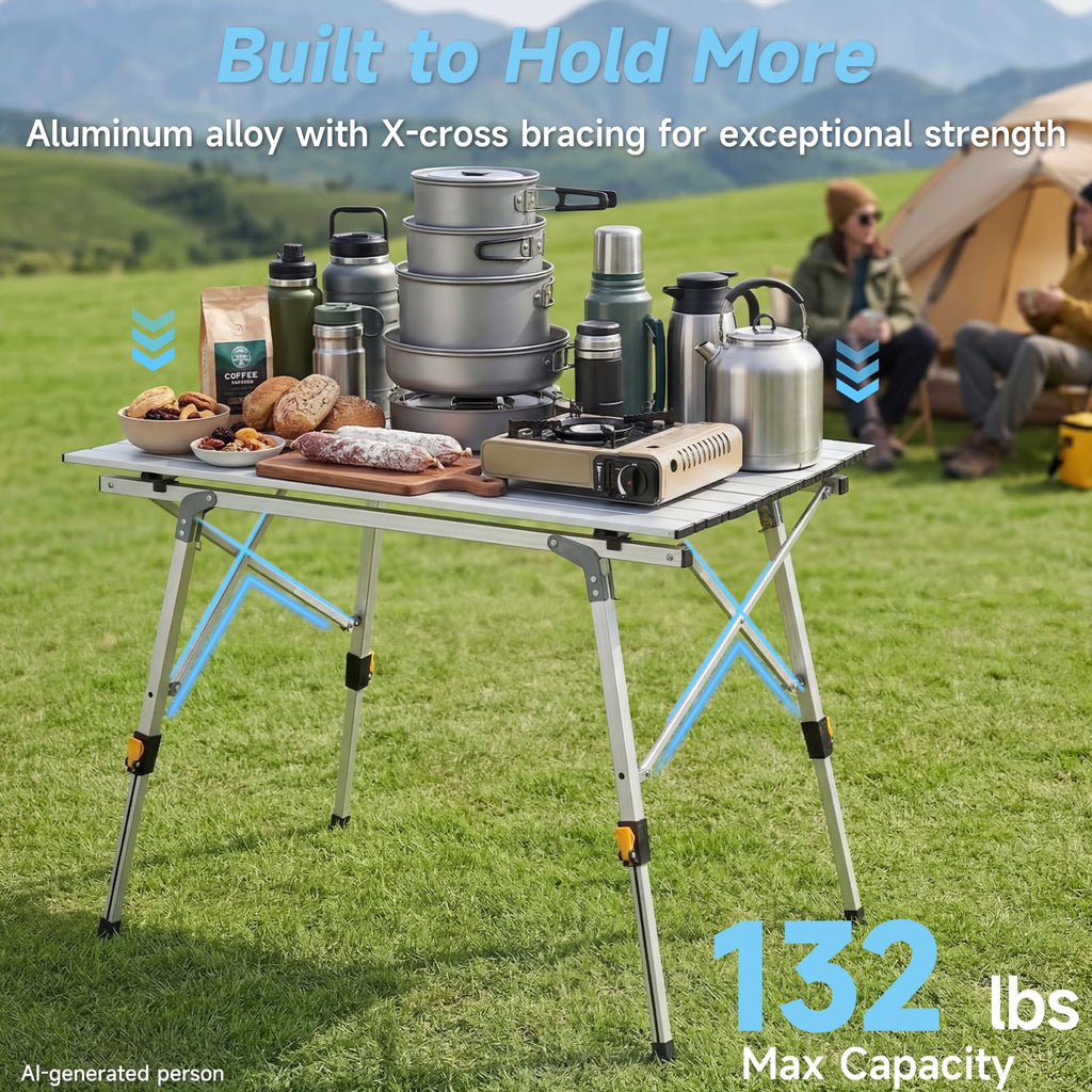 Camping Table Portable Foldable with Adjustable Legs & Storage Layer Q103731