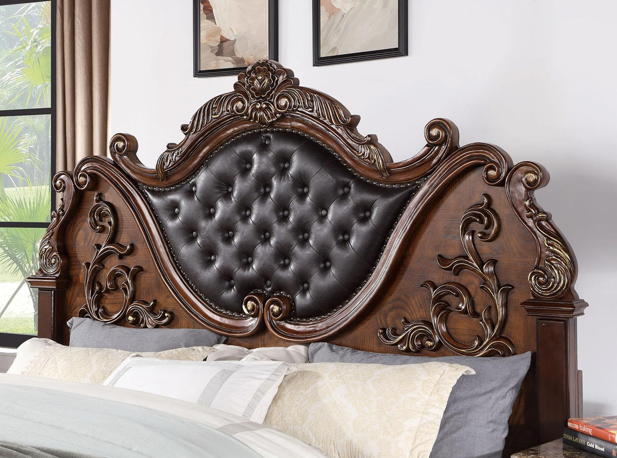 Brown Cherry California King Bed Frame with Tufted Leatherette Headboard T8775
