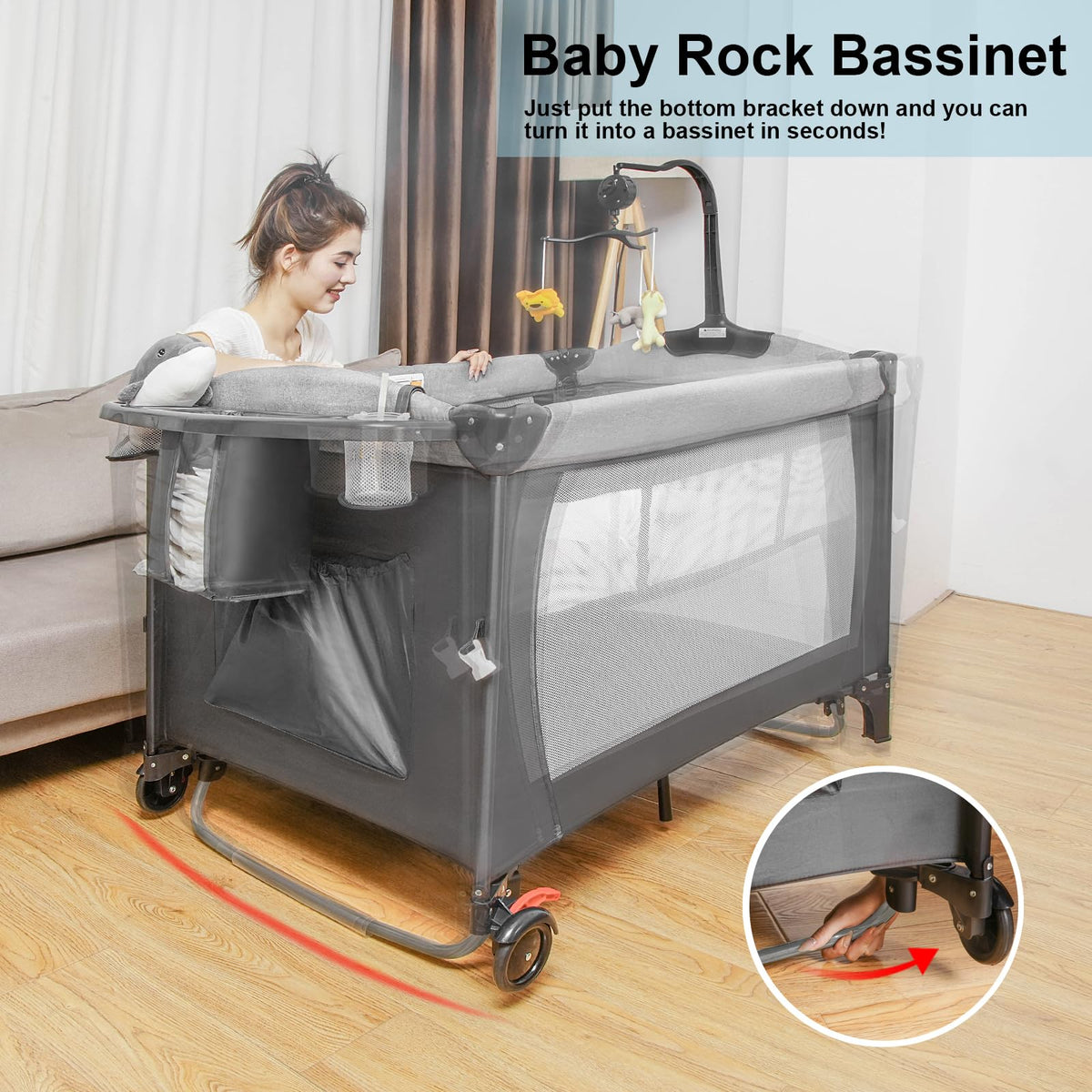 5-in-1 Pack and Play Baby Bassinet Bedside Sleeper Grey I1041