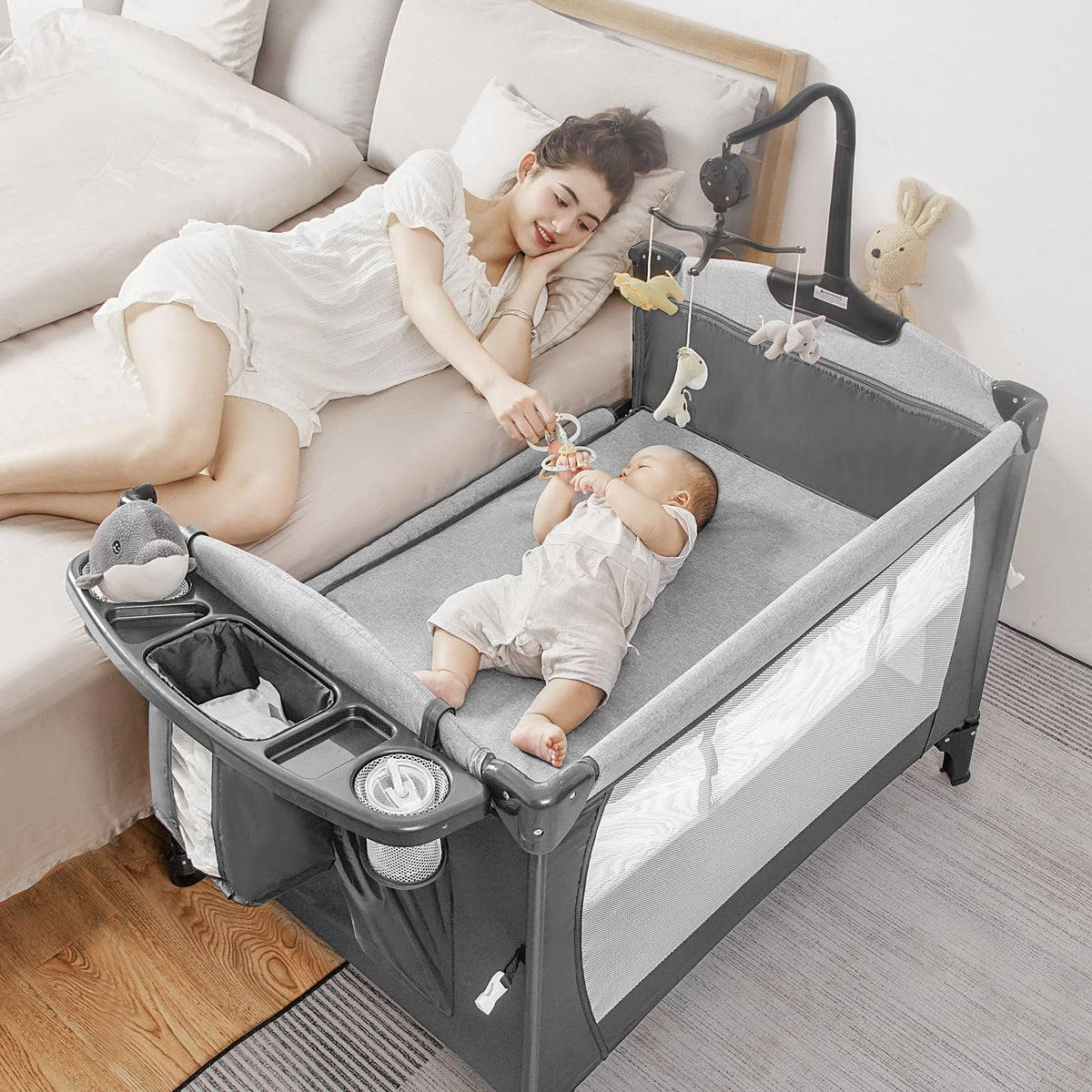 5-in-1 Pack and Play Baby Bassinet Bedside Sleeper Grey I1041
