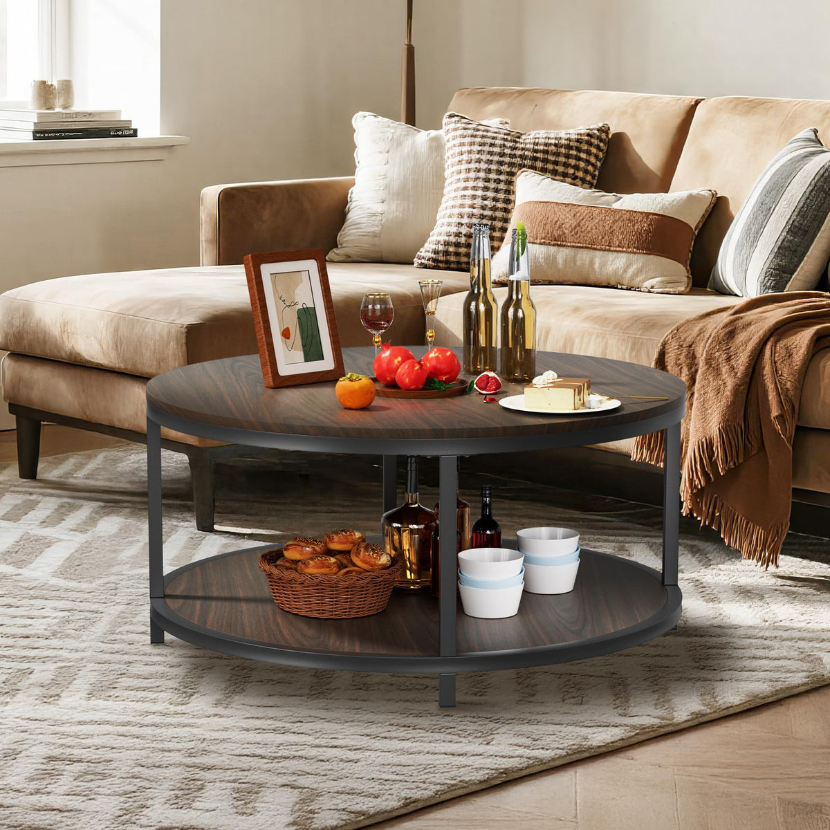 36" Round 2-Tier Coffee Table with Storage Shelf, Black Walnut L86564
