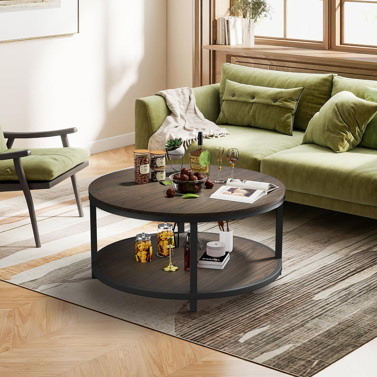 36" Round 2-Tier Coffee Table with Storage Shelf, Black Walnut L86564
