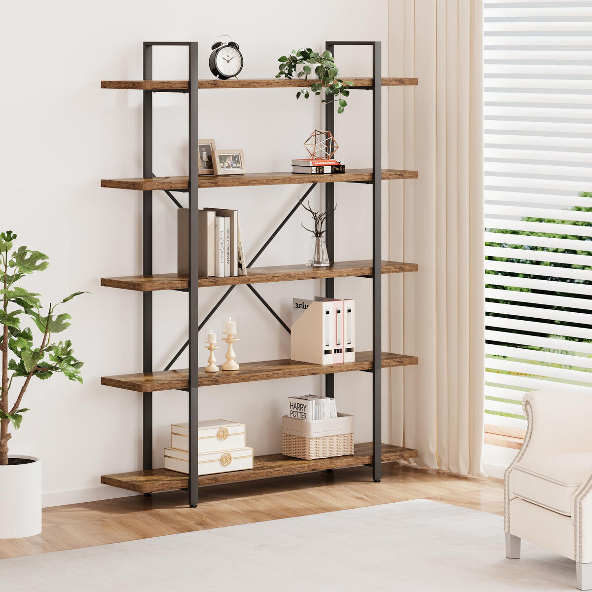 Rustic Brown 5 Shelf Wood Bookshelf Q334813