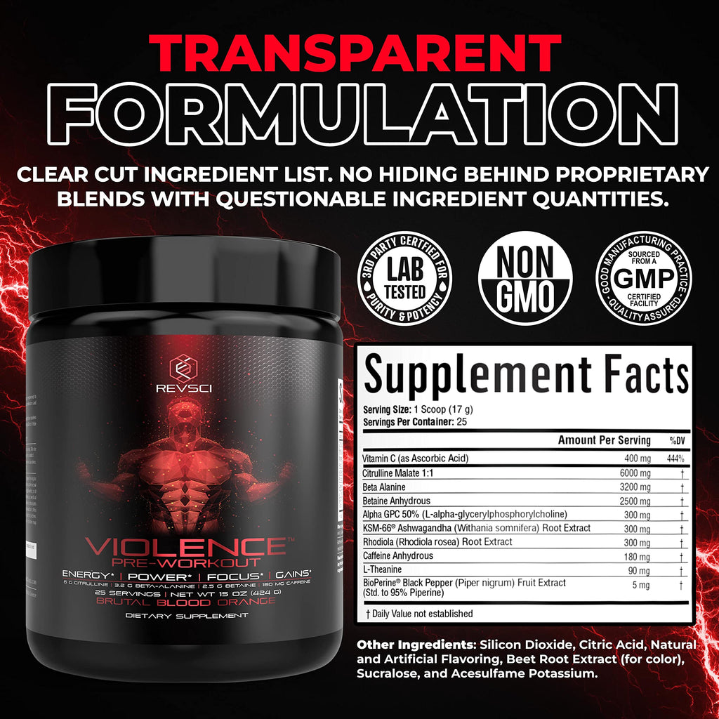 Pre Workout Powder 180 mg Caffeine L Theanine L Citrulline Malate Beta Alanine Alpha GPC 25 Servings Blood Orange P4589